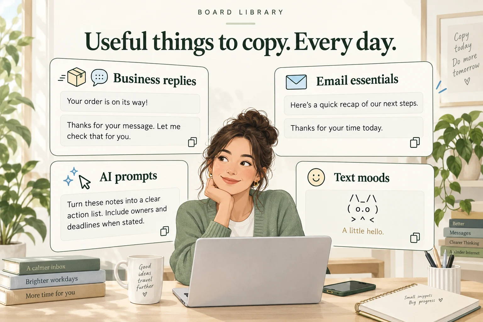 Illustration of a person surrounded by reusable business replies, email snippets, AI prompts, and a text cat. These show the kinds of content a Board can hold.