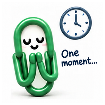 Green ClipMate character expressing One moment